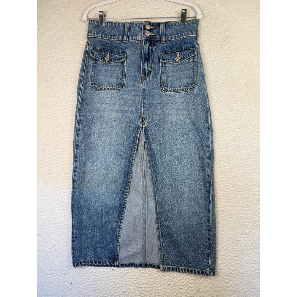 We The Free Skirt Womens 26 Blue Denim High Rise Front Slit Midi Pockets
